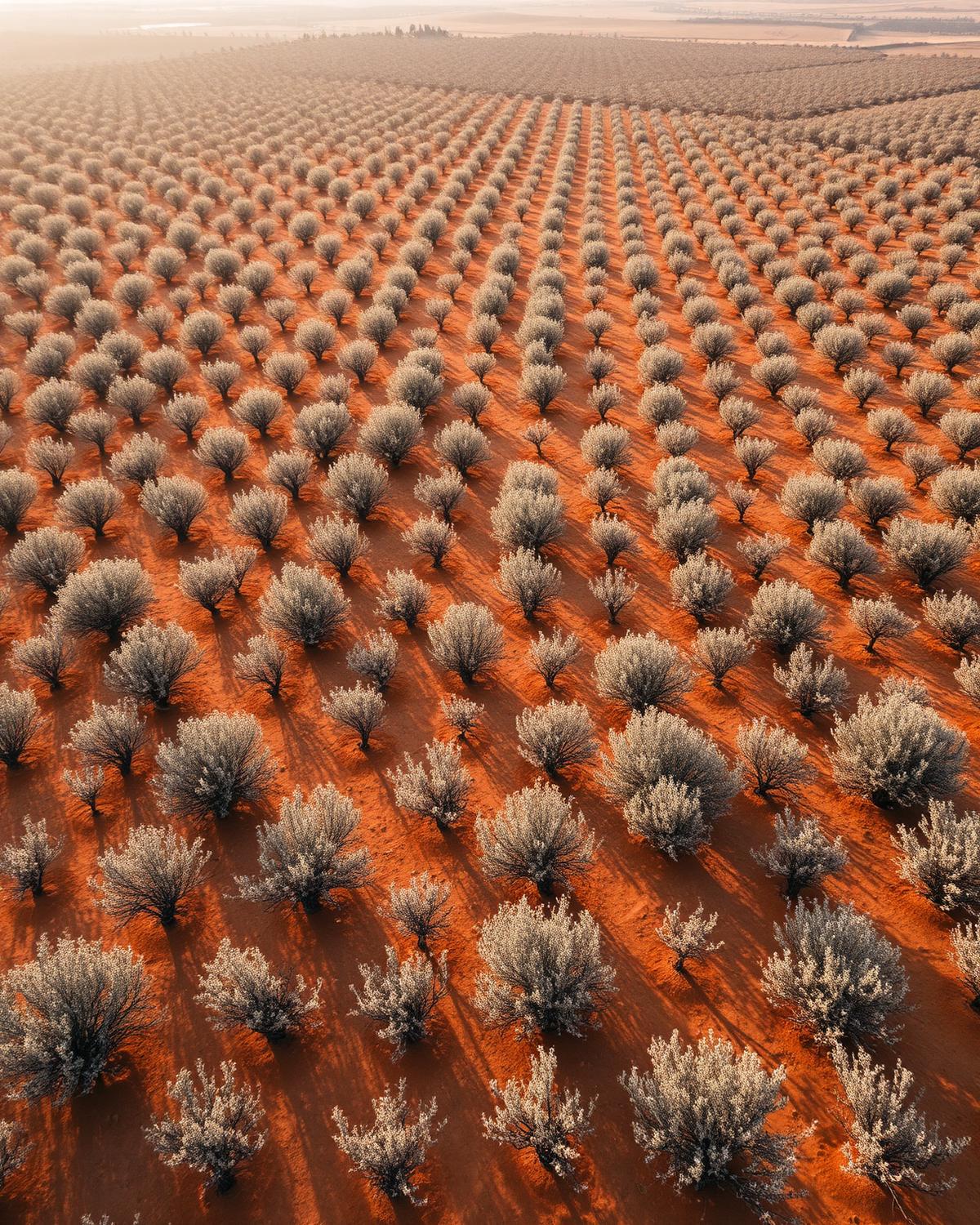 Vista aérea del olivar andaluz al atardecer