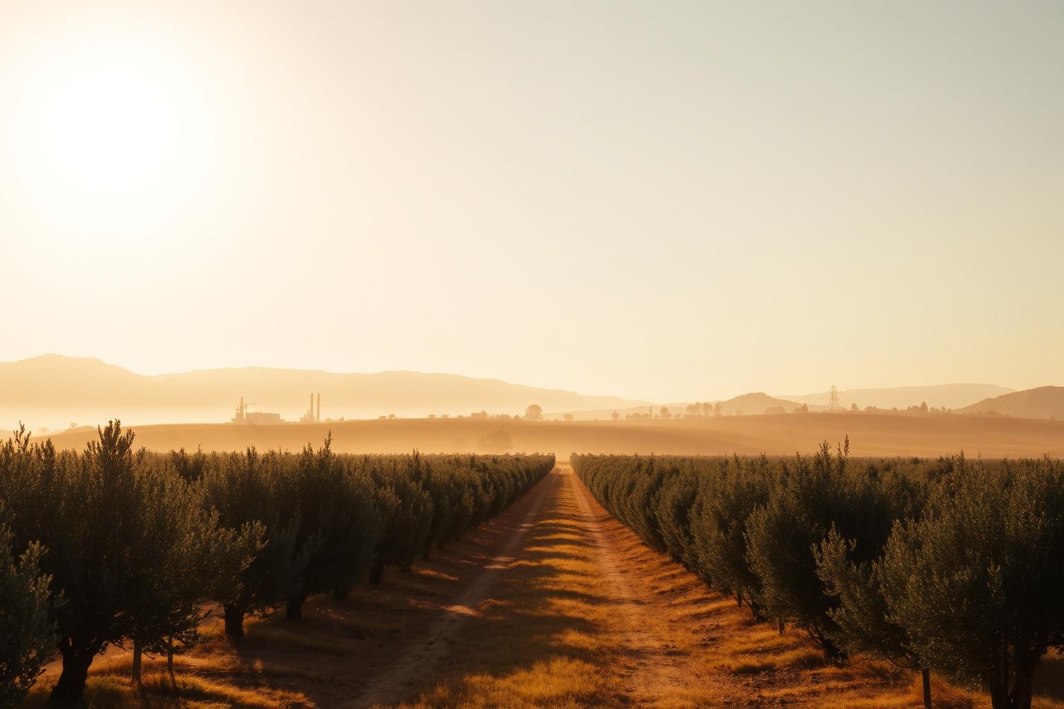 Olivar mediterráneo al amanecer con la silueta de las instalaciones de Cazorla Group al fondo
