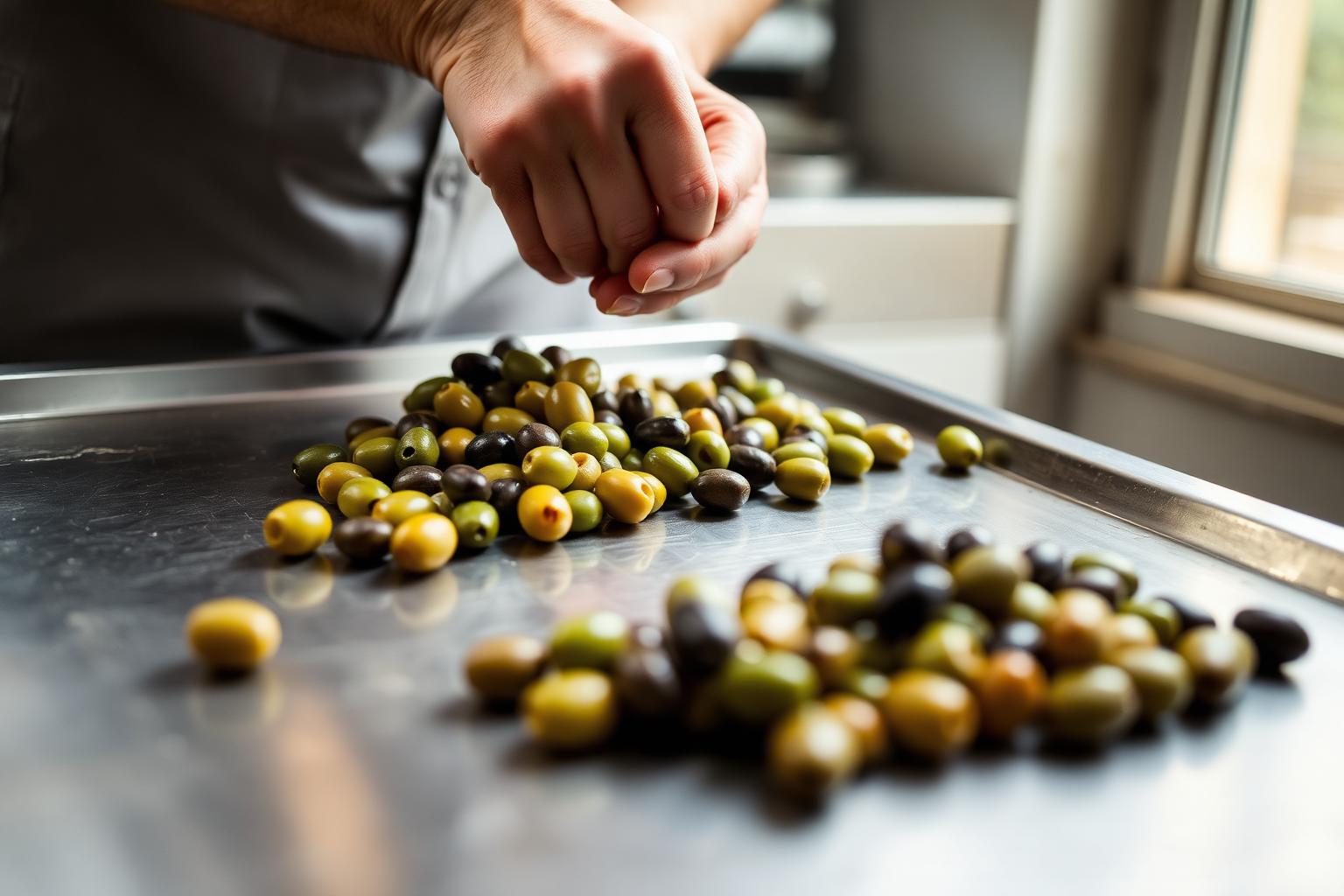 Selección manual de aceitunas sobre mesa de acero en la planta de Cazorla Group