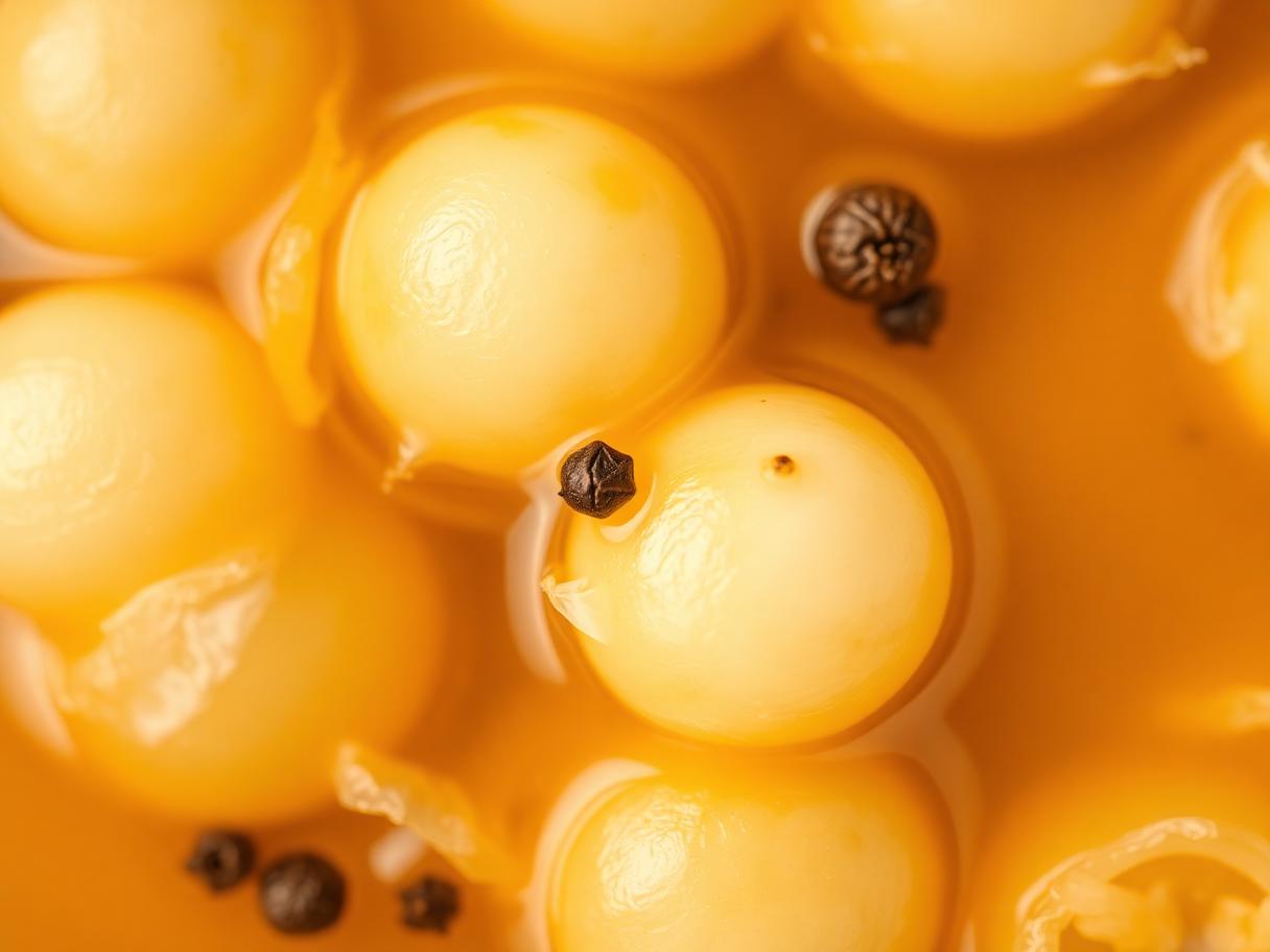 Macro de cebollitas en vinagre ámbar con pimienta negra