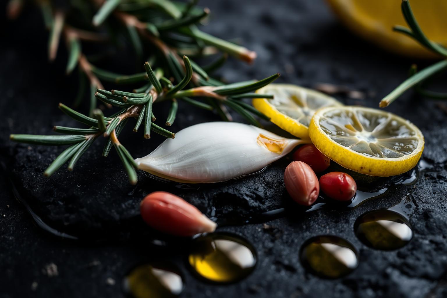 Macro de ingredientes de aliño sobre piedra oscura