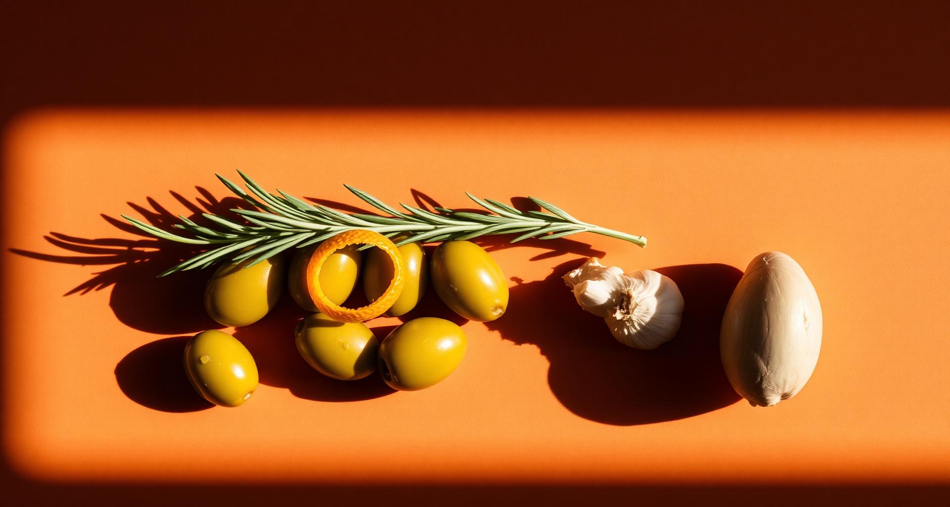 Aceitunas aliñadas con romero, piel de naranja y ajo sobre fondo terracota con luz dura