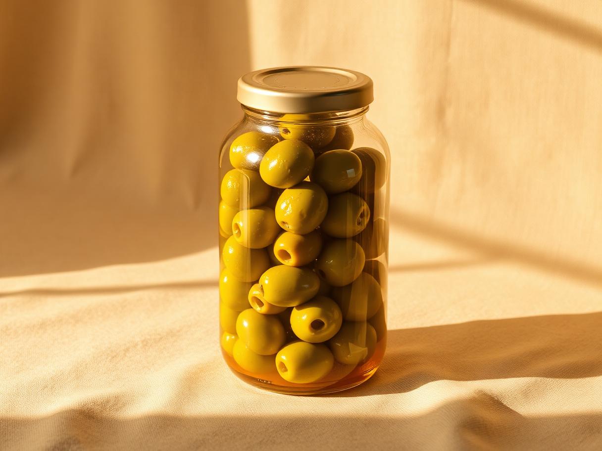 Tarro de cristal sin etiqueta con aceitunas verdes en salmuera