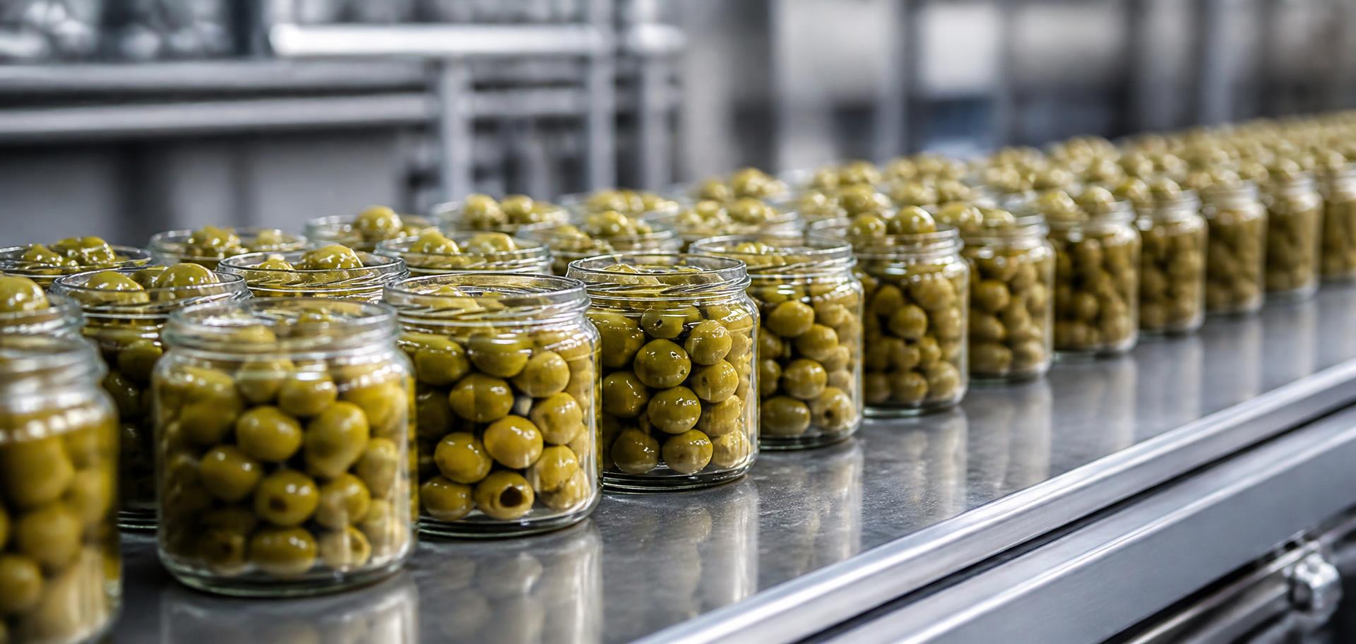 Hilera de frascos pequeños de aceitunas en la línea de envasado