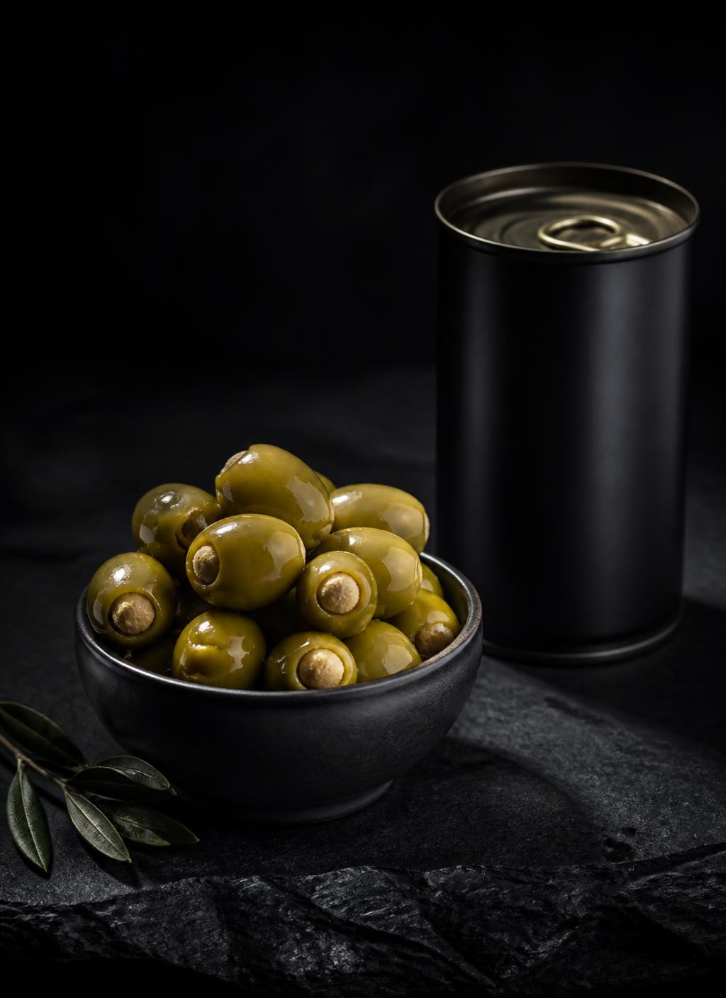 Cuenco de aceitunas rellenas junto a una lata sobre piedra oscura