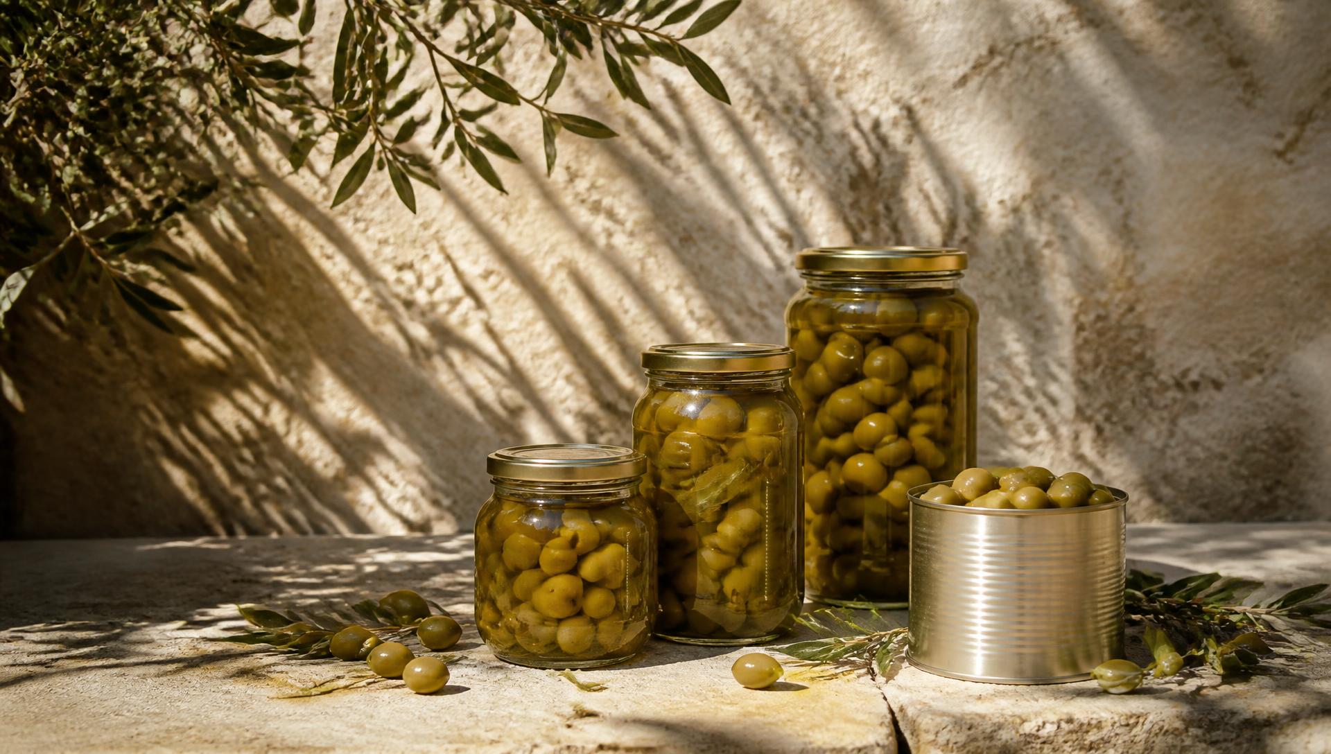 Frascos y lata de aceitunas sobre piedra caliza con luz mediterránea