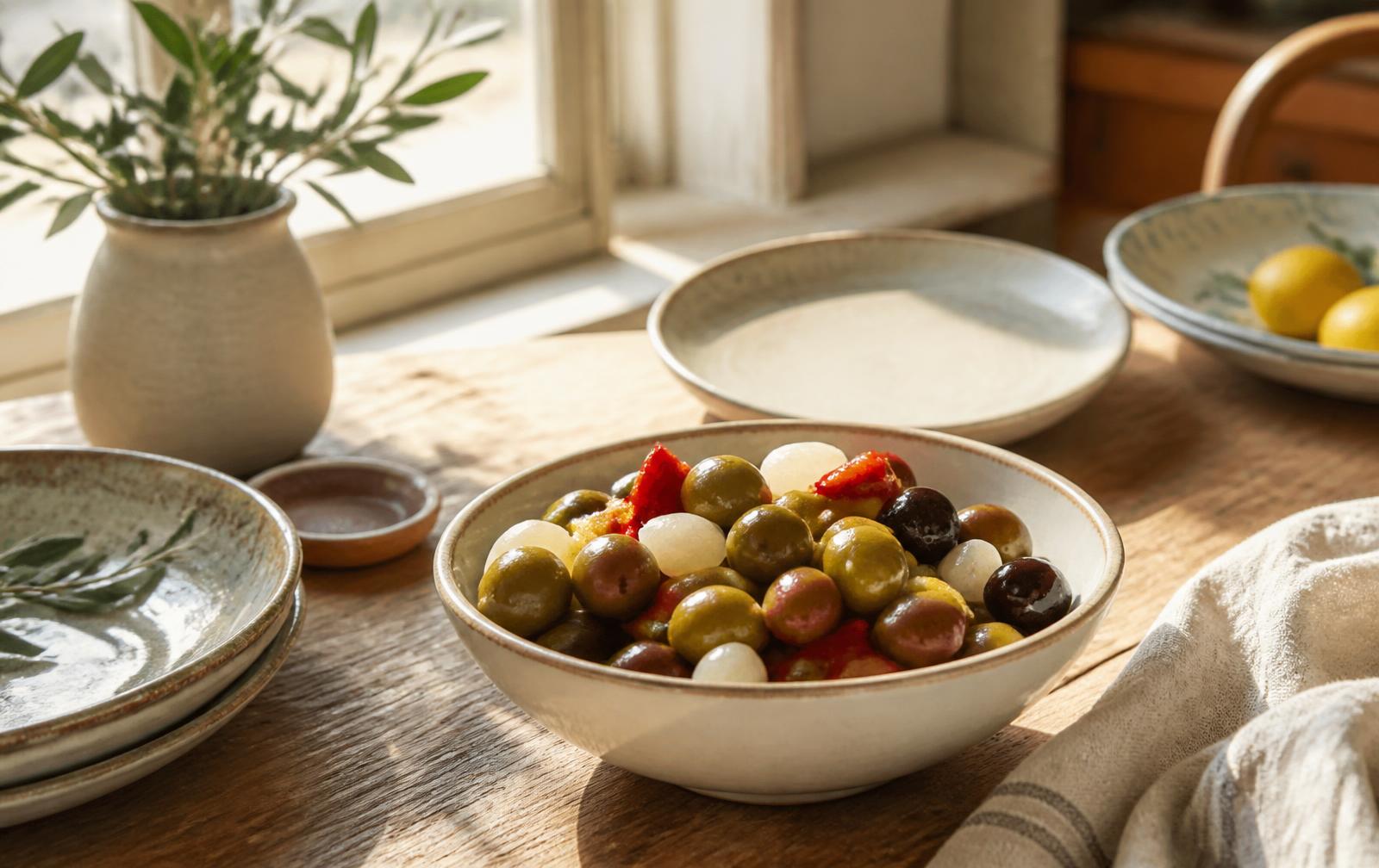 Cuenco de aceitunas y encurtidos variados sobre mesa de madera con luz natural