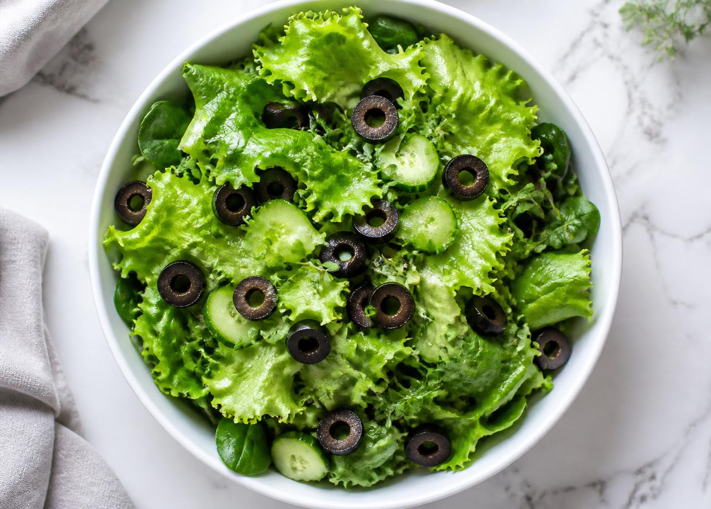 Ensalada fresca con rodajas de aceituna negra vista desde arriba