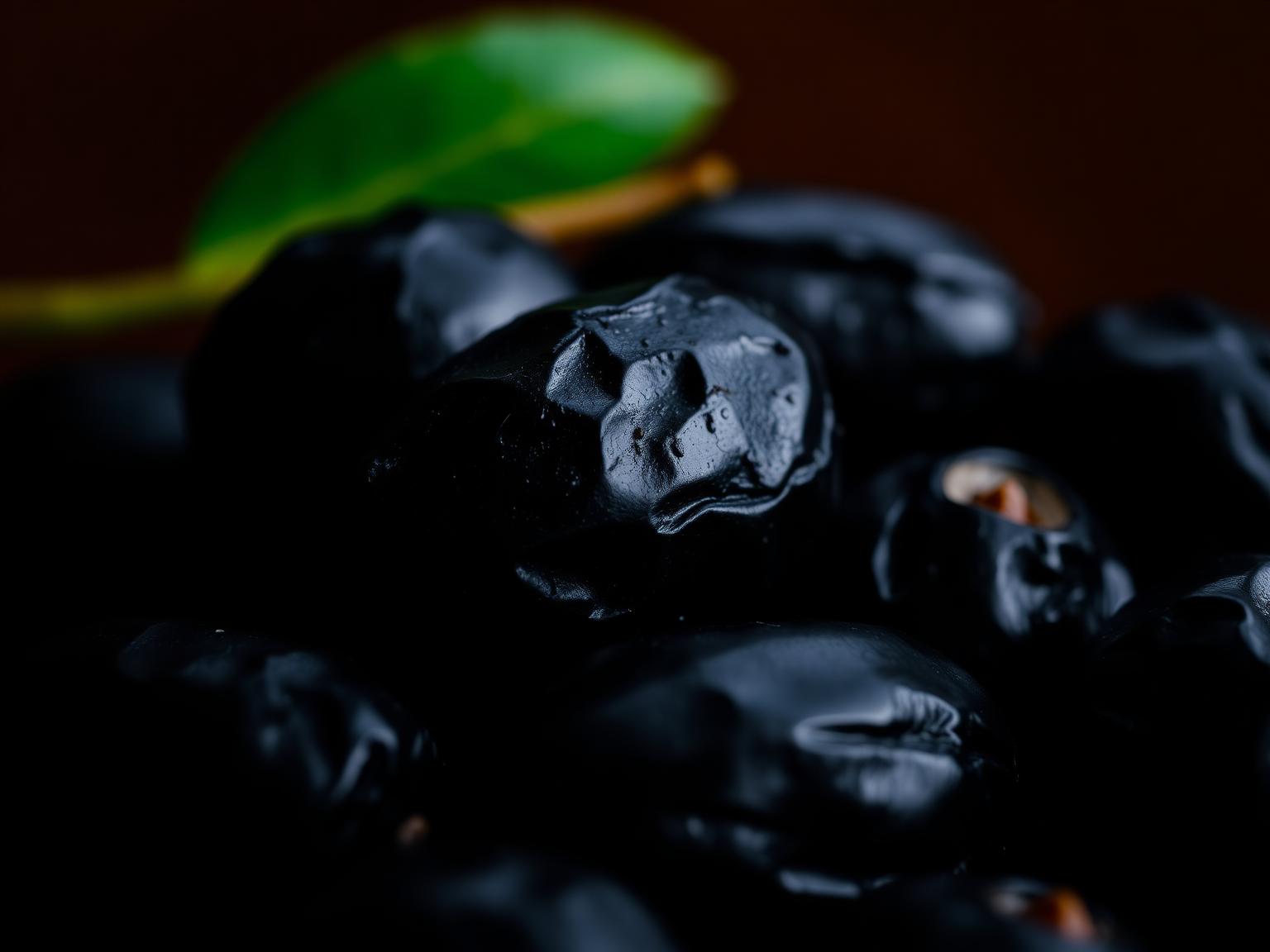 Macro dramático de aceitunas negras de piel brillante en claroscuro