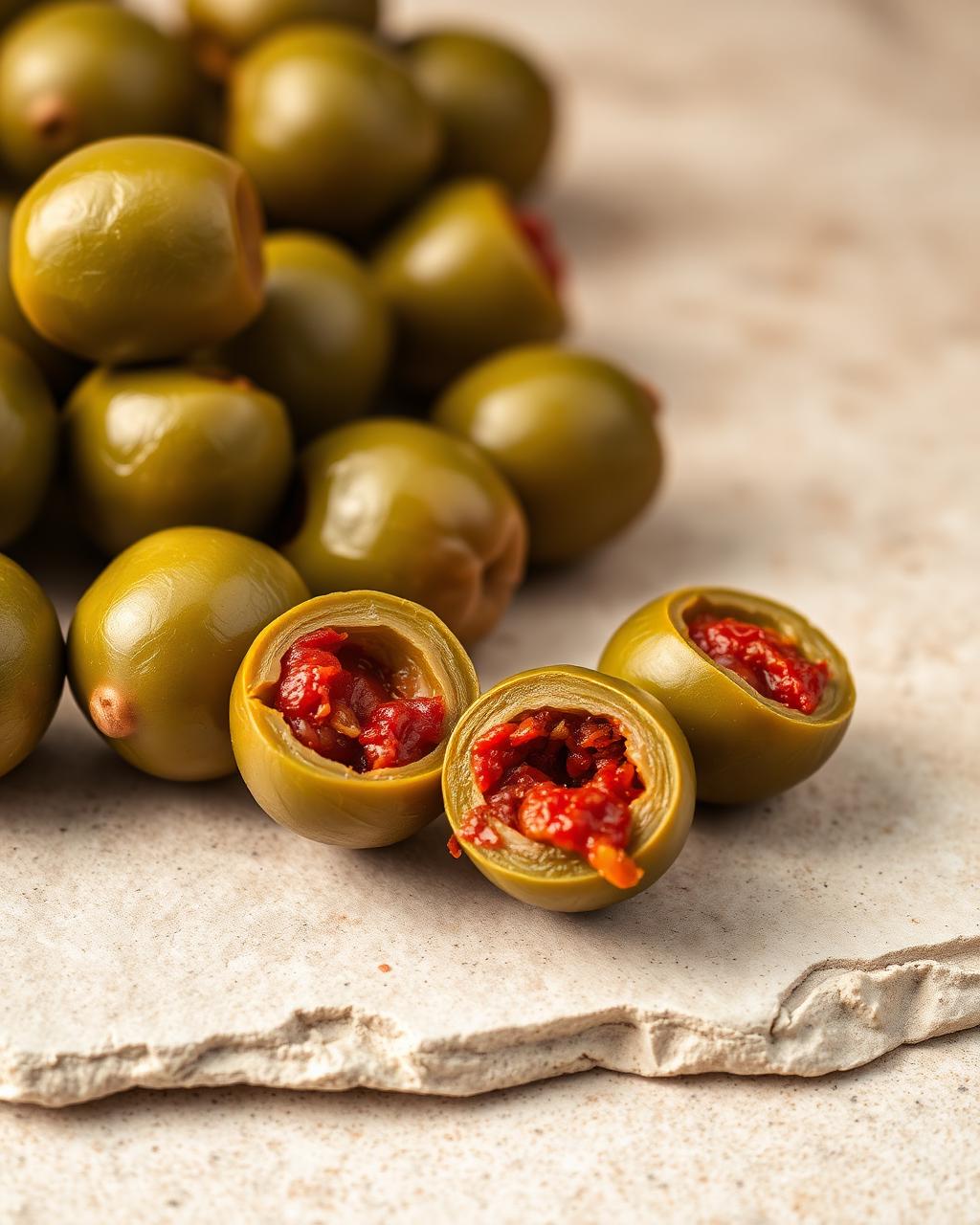 Macro de aceitunas verdes rellenas