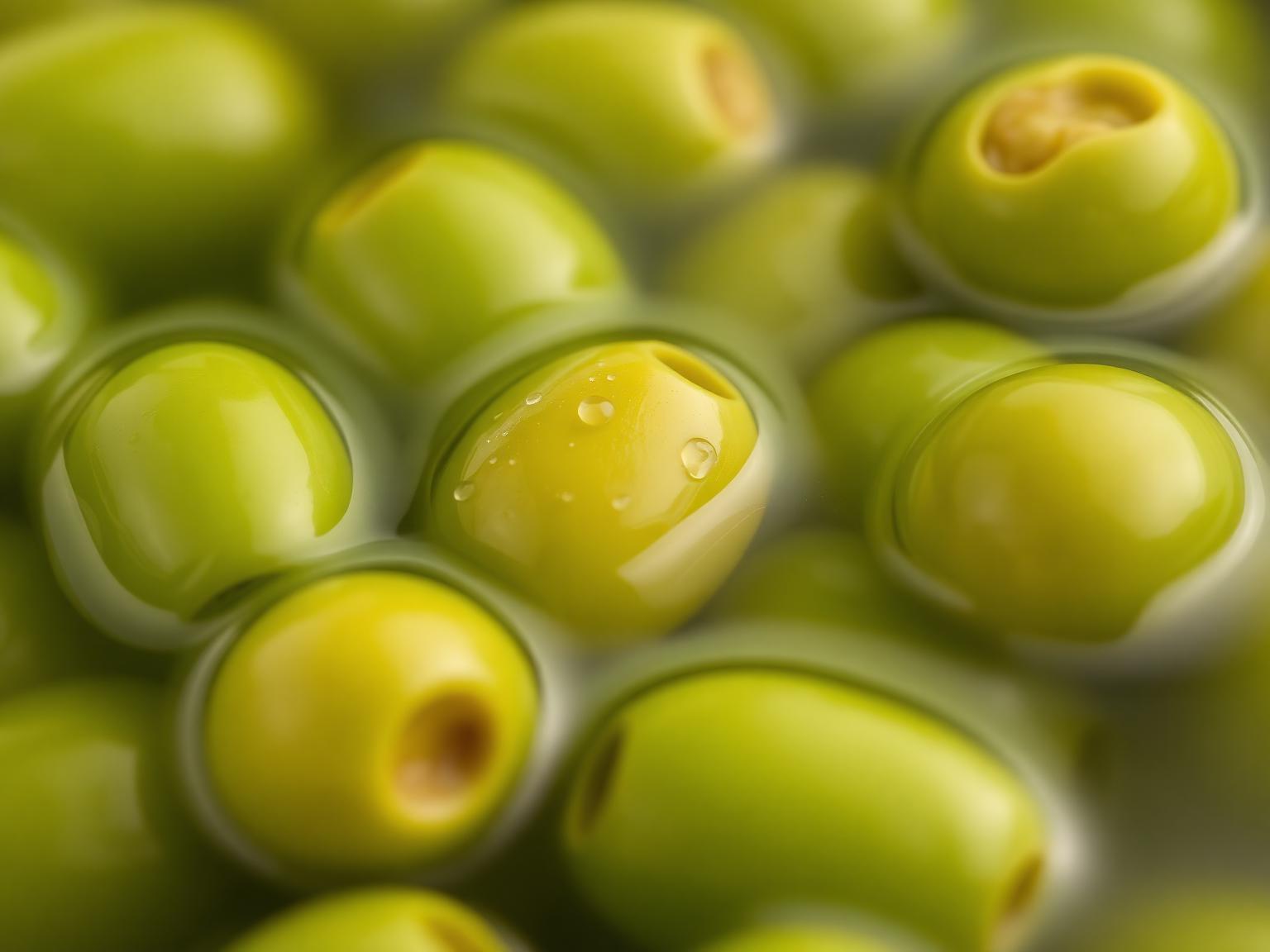 Macro de aceitunas verdes en salmuera con brillo de aceite y gotas de agua