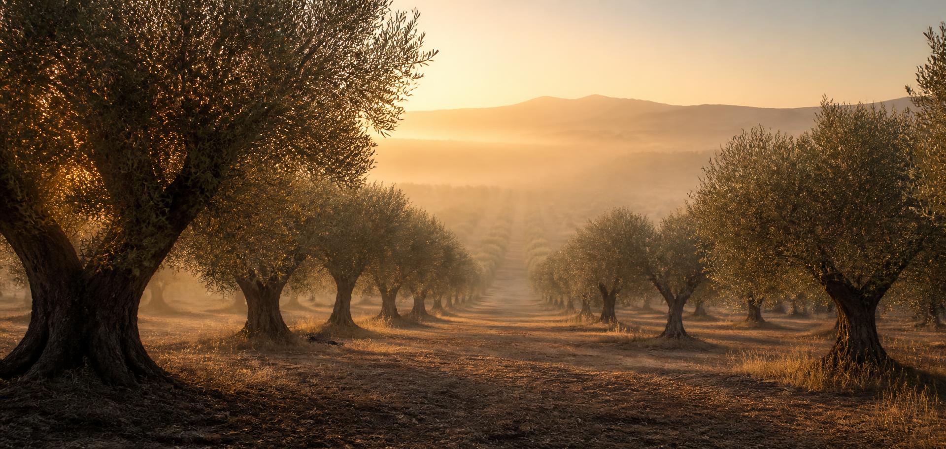 Olivar mediterráneo al amanecer con hileras de olivos centenarios