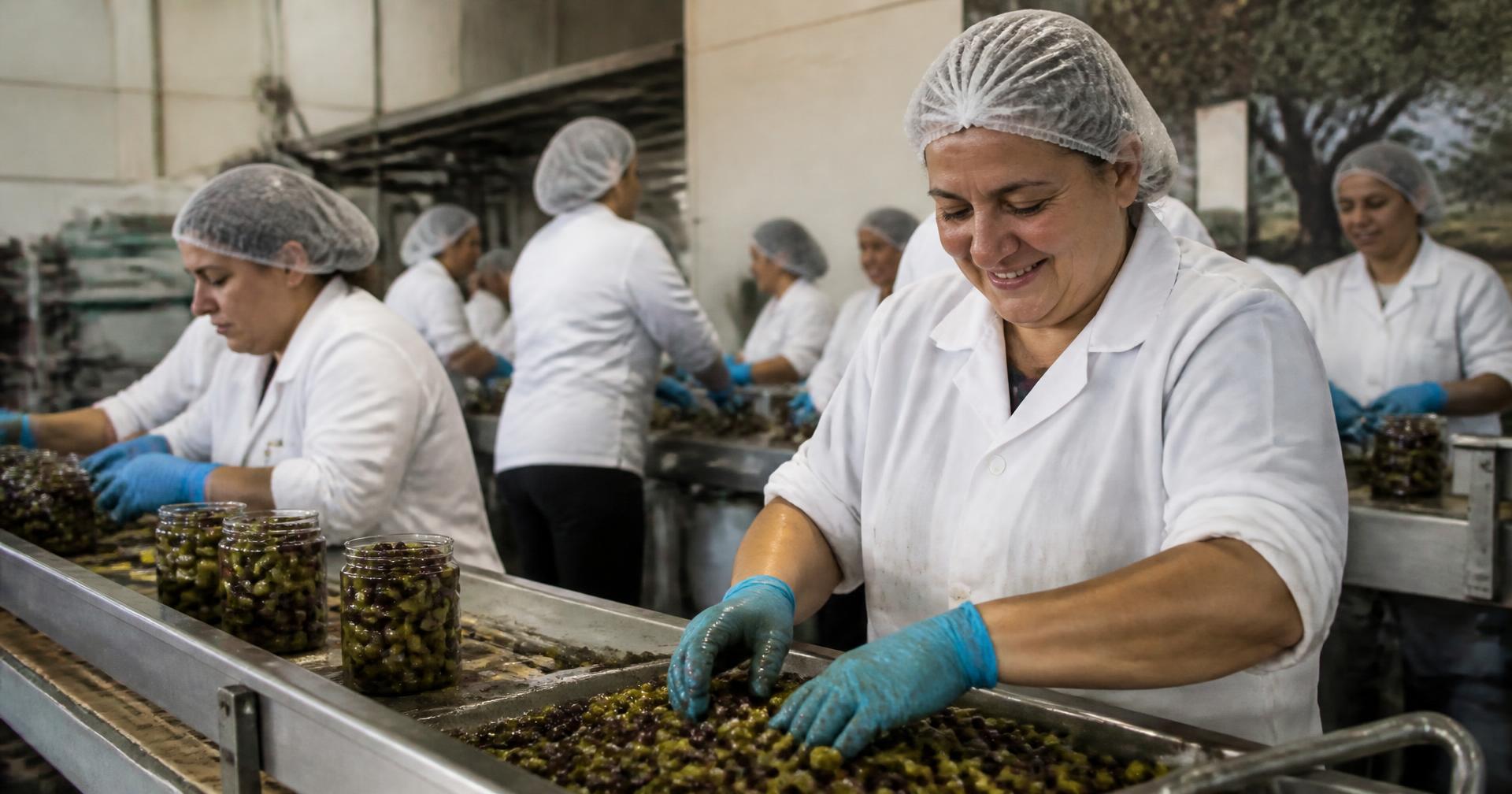 Equipo de planta trabajando en la línea de envasado de aceitunas